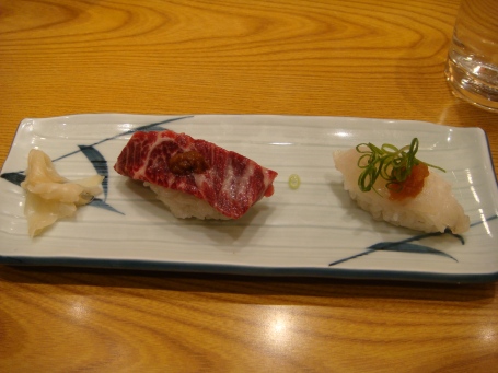 Whale sushi and Puffer sushi side by side