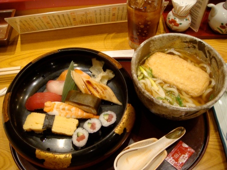 Sushi + Tofu Puff Udon combination